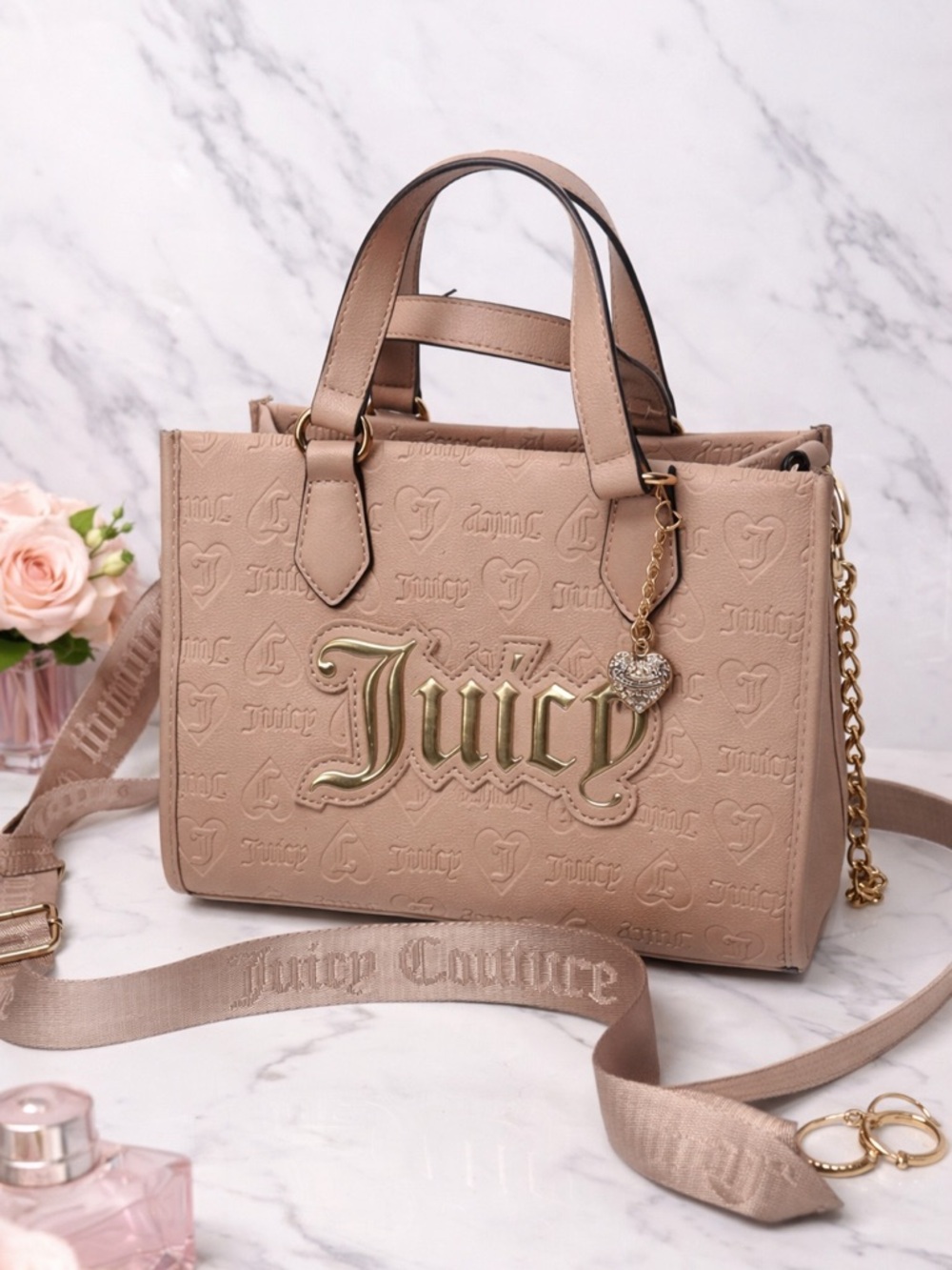 Juicy Couture Bone Tote Satchel Embossed Logo Crossbody Bag